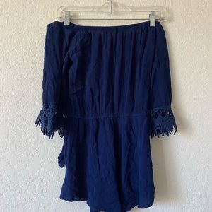 Off-the-Shoulder Navy Blue Romper w/ Lace